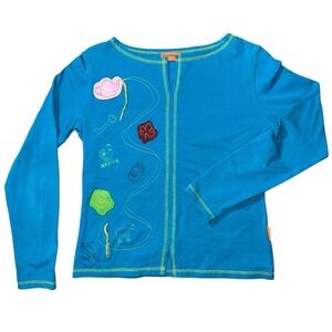 Mamabayou Girls Size Large Aqua Long Sleeve Tunic with patches and embro…